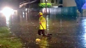 Elementos de Protección Civil y Bomberos de Guadalajara con un impermeable amarillo caminando en una calle inundada durante la noche