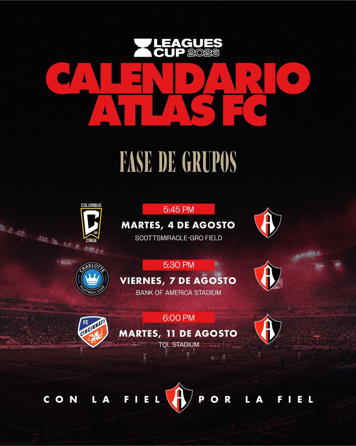 Una imagen del calendario de Atlas en la Leagues Cup 2026