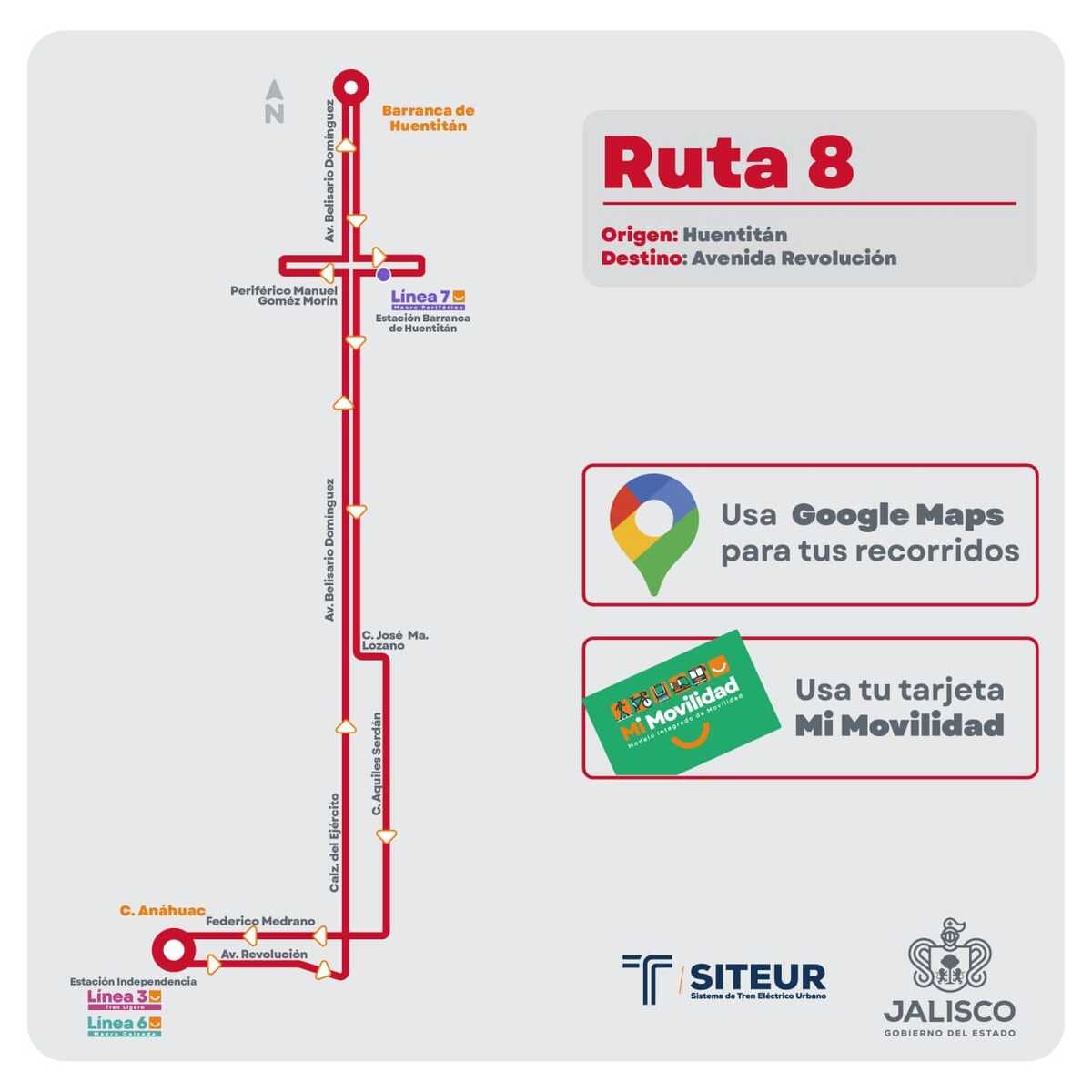 Conoce el recorrido completo, el mapa y la frecuencia de la nueva Ruta 8 de Mi Transporte, que conecta Huentitán con Av. Revolución en Guadalajara.