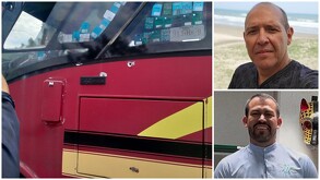 Collage de dos hombres y un camión con impactos de bala.
