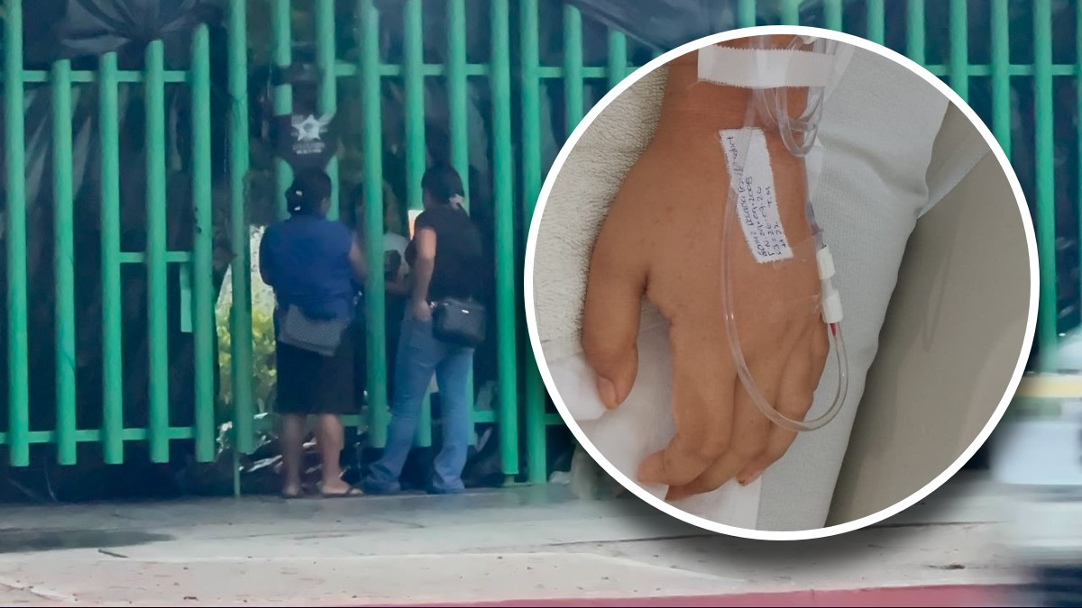 Mano de una estudiante en un hospital sobrepuesta a la imagen de personas esperando afuera de un enrejado.