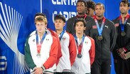 Santiago Blanco (cuarto atleta con el uniforme de México) en el podió de los Juegos Centroamericanos y del Caribe 2026 | Gobierno de Puebla