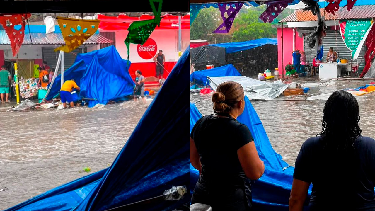 Fuerte lluvia sorprende a comerciantes en mercado rodante de Santa Catarina