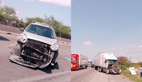 Cámara de tráiler capta el momento en que camioneta con tarimas causa choque múltiple en Escobedo. | Especial