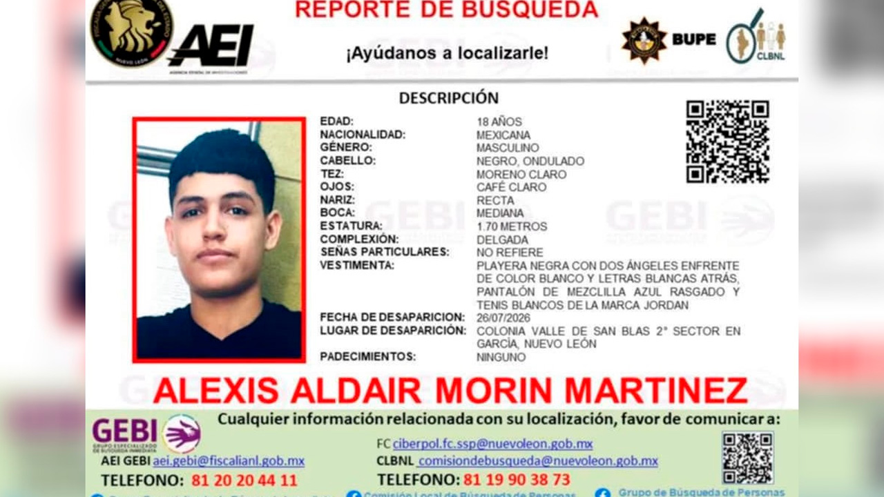 Desaparece joven de 18 años en García; autoridades emiten ficha de búsqueda