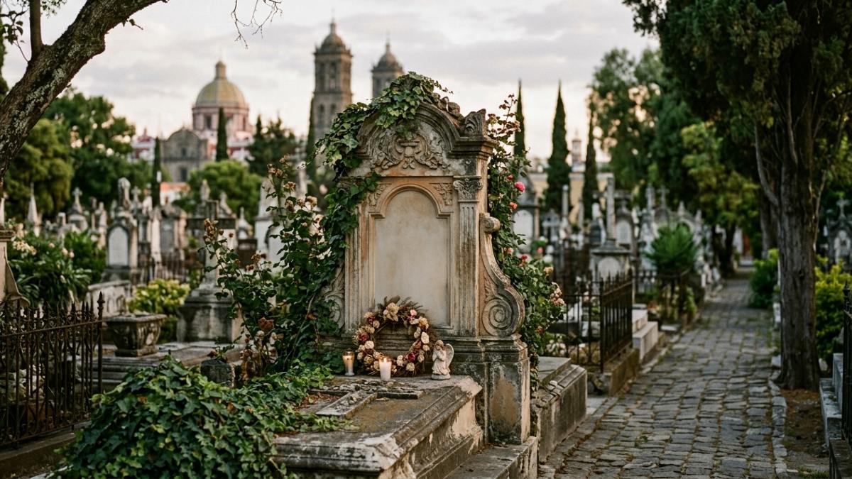 Imagen ilustrativa de un cementerio con la ciudad de Puebla al fondo |