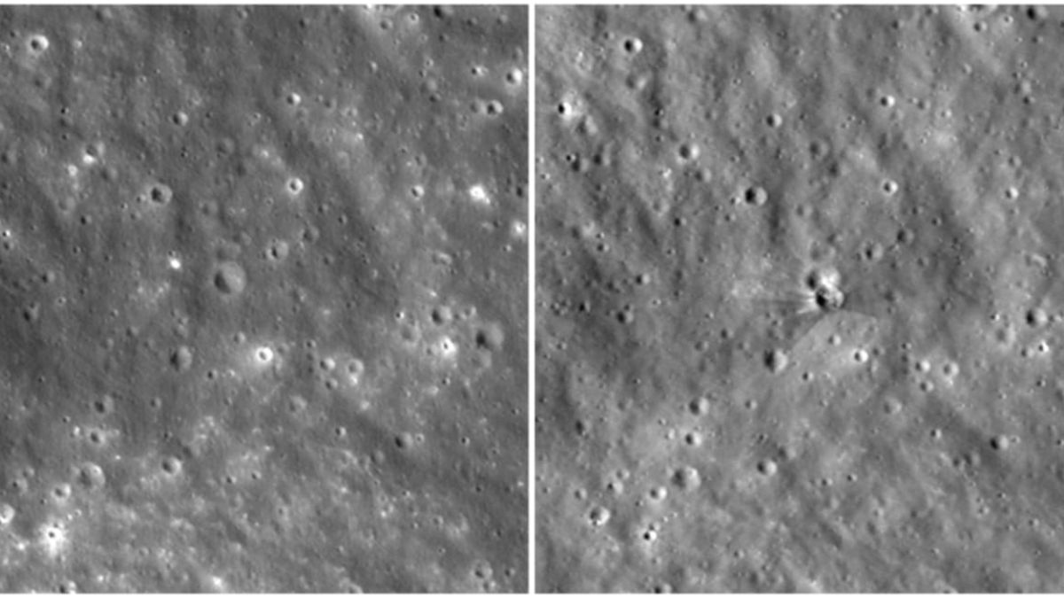 Desde 96 km de altura, el LRO captó vetas en forma de mariposa; el brillo revela rocas profundas expulsadas tras el impacto del cohete Falcon.