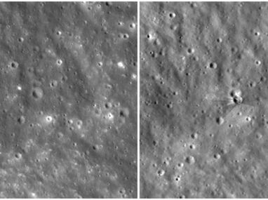 Desde 96 km de altura, el LRO captó vetas en forma de mariposa; el brillo revela rocas profundas expulsadas tras el impacto del cohete Falcon.