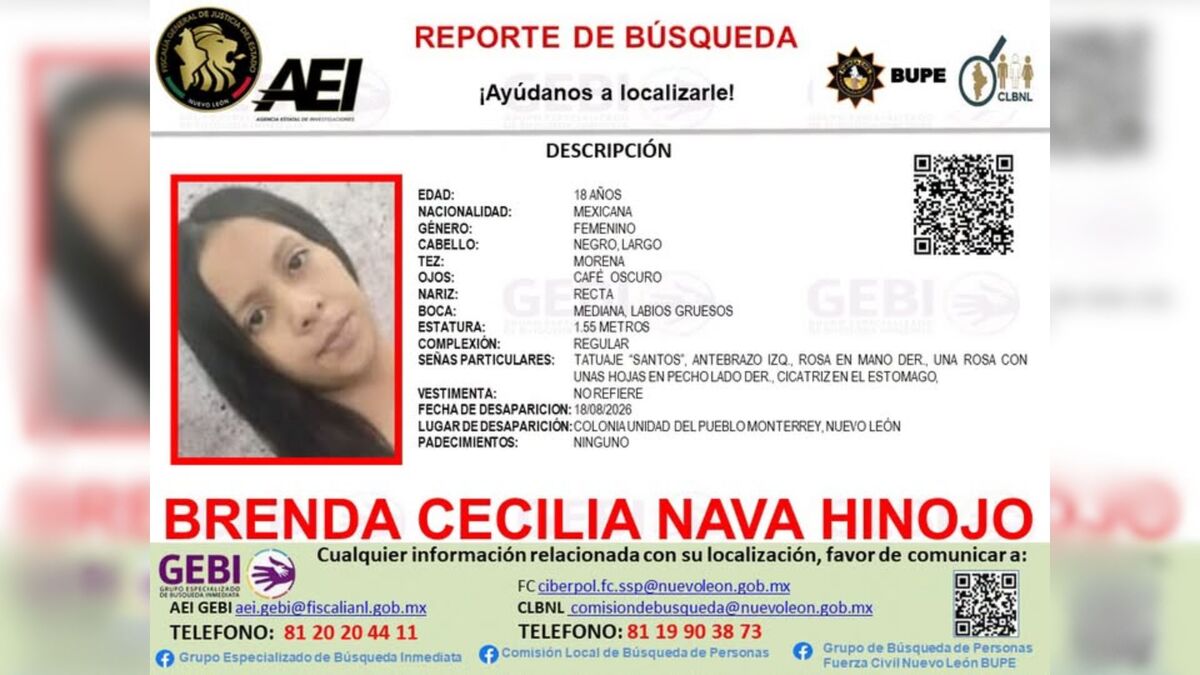 Difunden ficha de búsqueda de Brenda Cecilia Nava tras desaparición en Monterrey