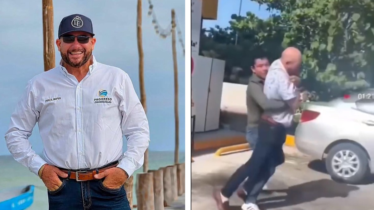David Escalante, director de Prolimpia, y un trabajador del Sistema Municipal de Agua Potable y Alcantarillado de Progreso peleando