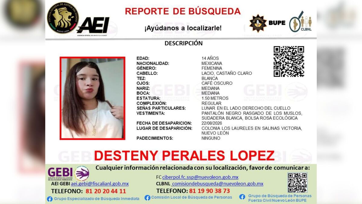 Emiten ficha de búsqueda para localizar a Desteny, de 14 años, en Salinas Victoria