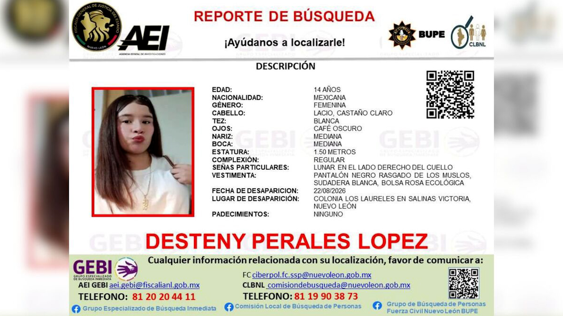 Menor de 14 años desaparecida en Salinas Victoria, así puedes identificarla