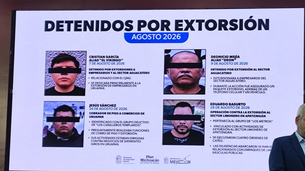 Michoacán suma detenciones de presuntos extorsionadores durante agosto