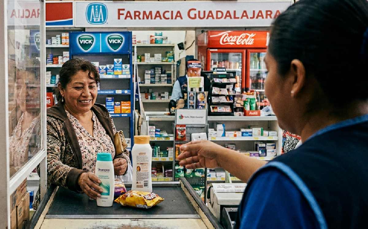 Imagen de IA recreando a una mujer haciendo una compra en la Farmacia Guadalajara |Magnific