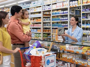 Recreación de una familia haciendo compras en Farmacia Guadalajara.