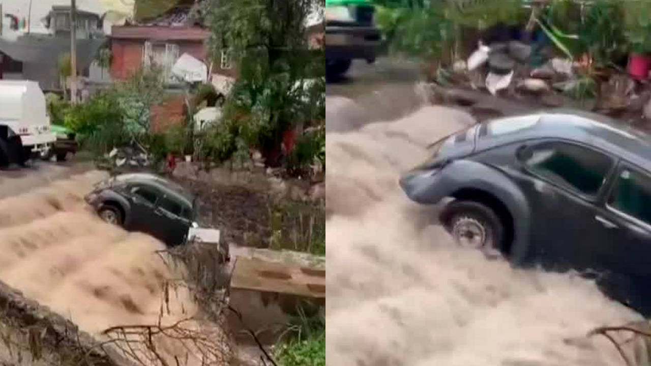 Corriente arrastra un vocho durante inundaciones en San Gregorio, Xochimilco