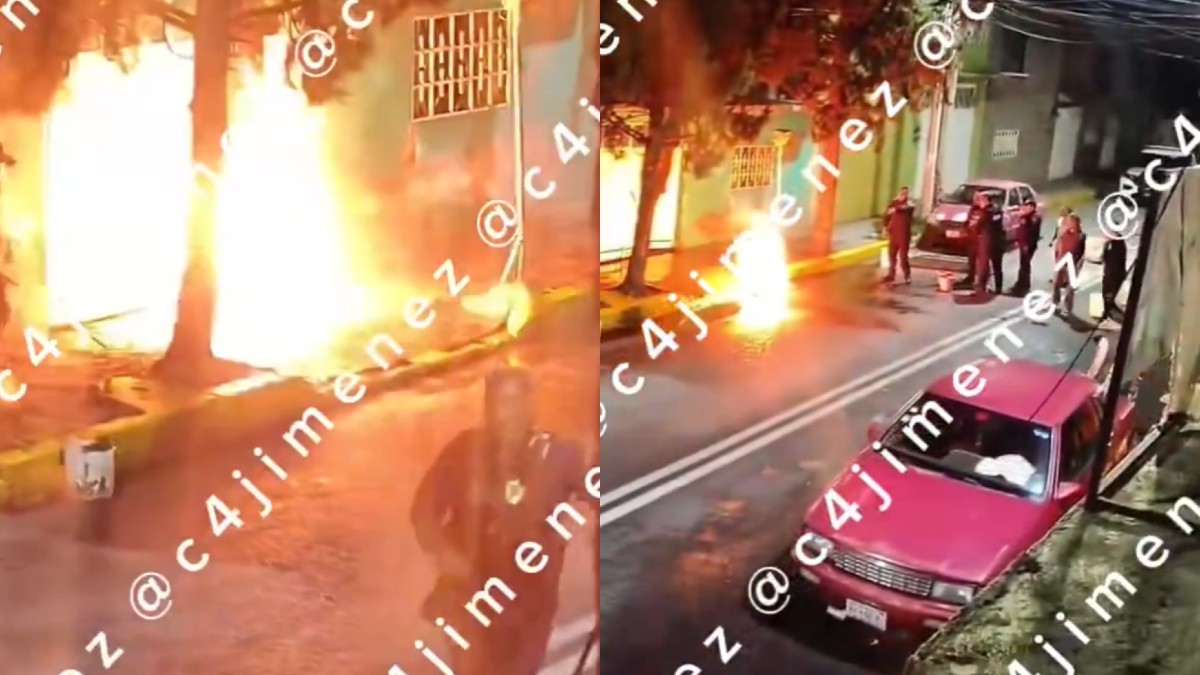 Hombre lanza tanque de gas en llamas a policías tras amenazar a su familia.