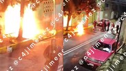 Hombre lanza tanque de gas en llamas a policías tras amenazar a su familia.