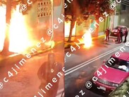 Hombre lanza tanque de gas en llamas a policías tras amenazar a su familia.