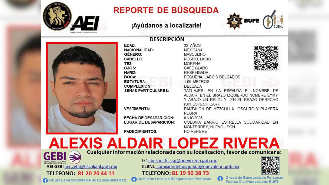 Reporte de búsqueda de Alexis Aldair López Rivera en Monterrey