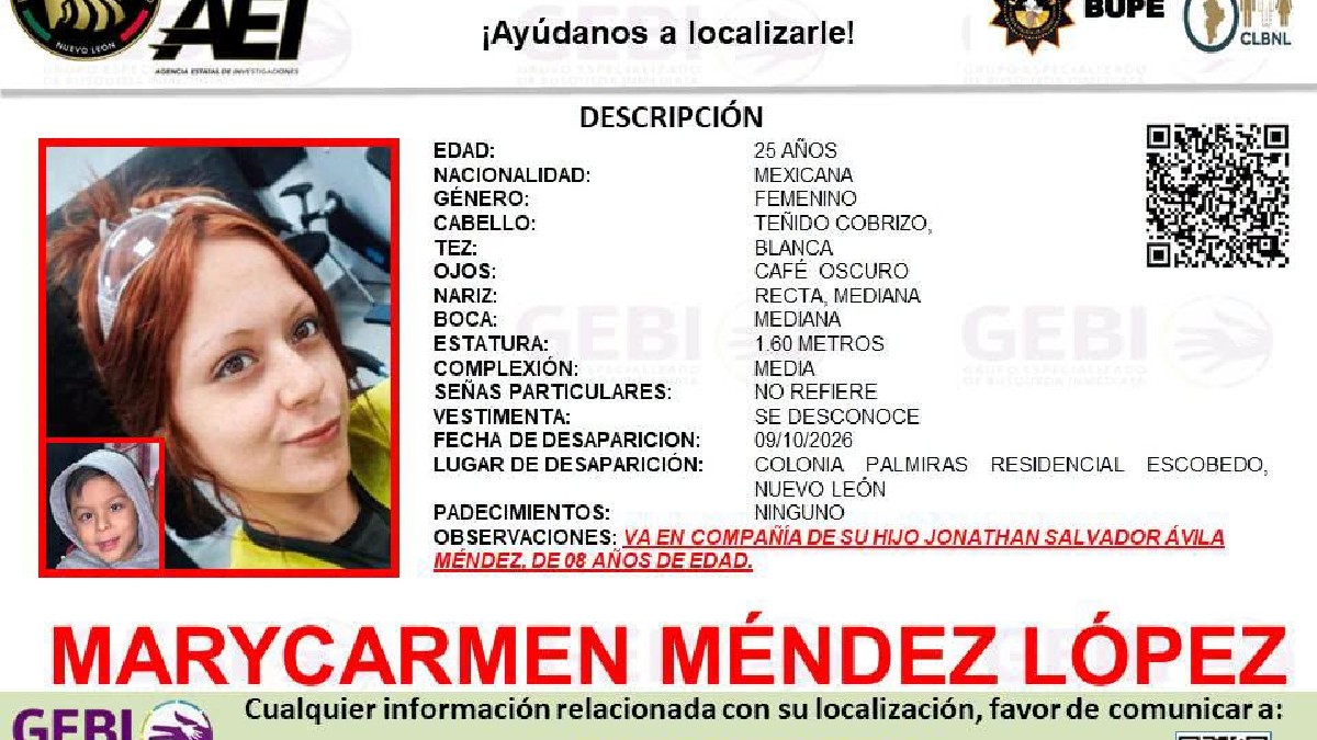 La ficha oficial no refiere señas particulares de la mujer.