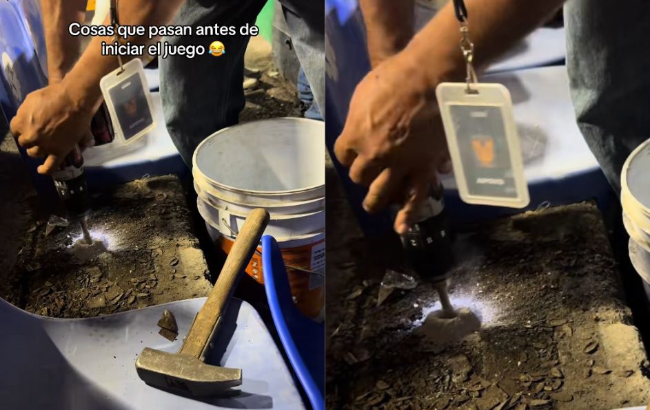Personal de mantenimiento acudió rápidamente con martillo y taladro en mano para instalar una nueva pieza antes del arranque del partido.