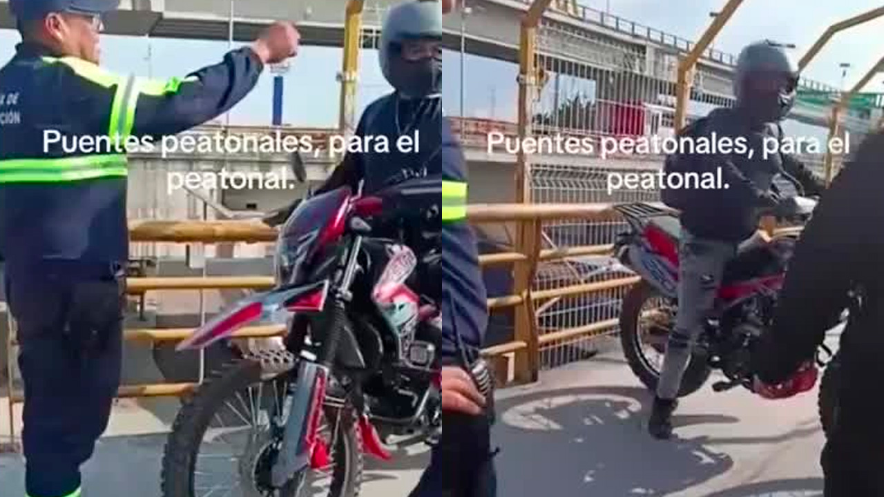 Captan a motociclista intentando cruzar un puente peatonal en el Edomex
