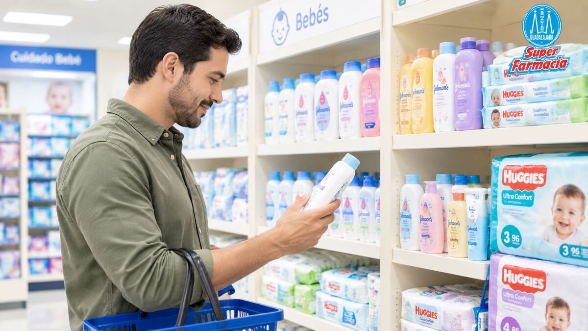 Imagen de un padre de familia haciendo compras para su bebé, generada con IA con fines ilustrativos.
