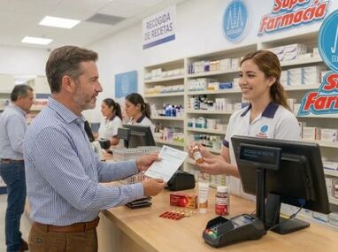 Recreación hecha con IA de un señor comprando medicina en Farmacias Guadalajara.