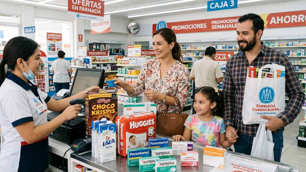 Familia comprando en Farmacia Guadalajara | Recreación hecha con IA