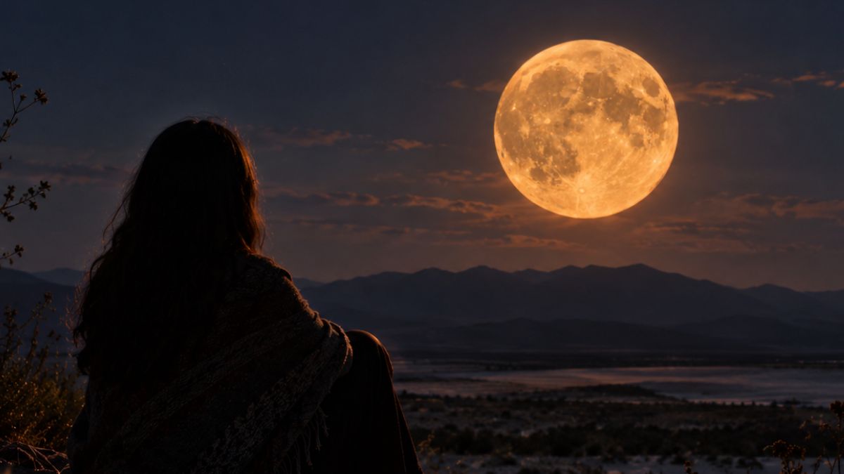 Al elevarse sobre el horizonte, la Luna del Cazador suele lucir tonos cobrizos por la dispersión lumínica y la clásica ilusión óptica. | Foto IA