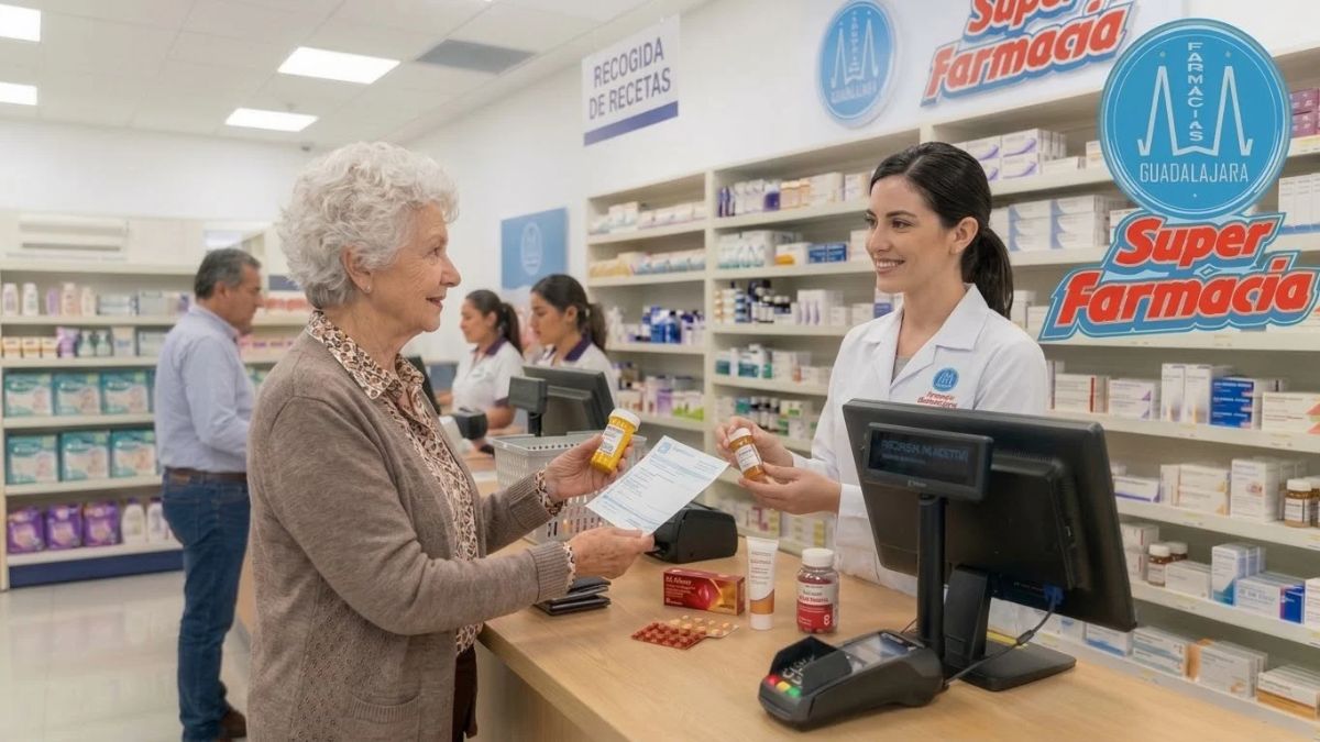 Recreación hecha con IA de una adulta mayor comprando medicina en Farmacias Guadalajara.