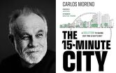 Carlos Moreno, creador de la ciudad de quince minutos, junto a la portada de la edición en inglés de su libro. Foto: Thomas Baltes.