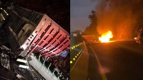 Cierran la autopista Naucalpan-Toluca por vuelco e incendio de un tráiler.